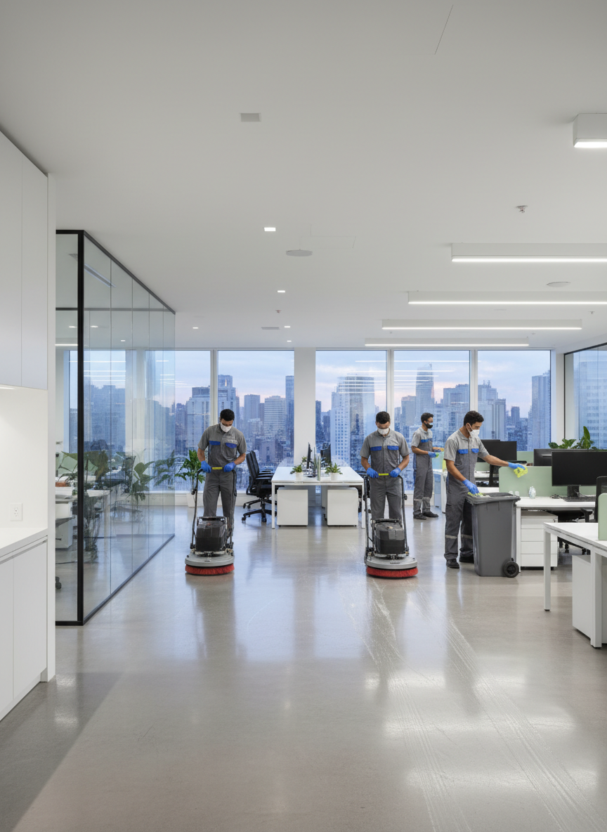 Professional cleaning team working in a large commercial office space, high quality, bright and clean environment, modern setting